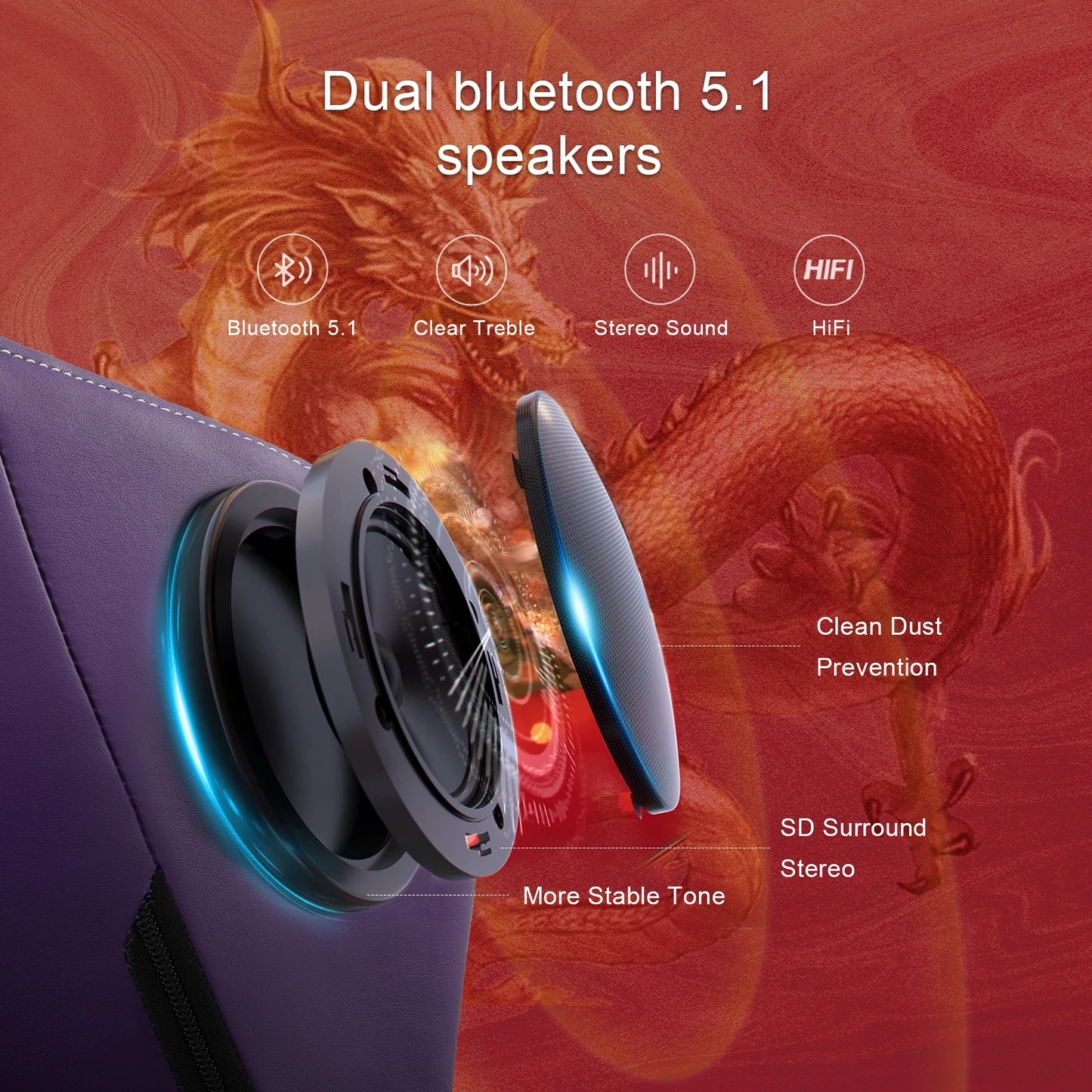 GTPLAYER Gaming Chair with Bluetooth Speakers, Footrest & Ergonomic Design, Dragon Series Video Game & Office Chair