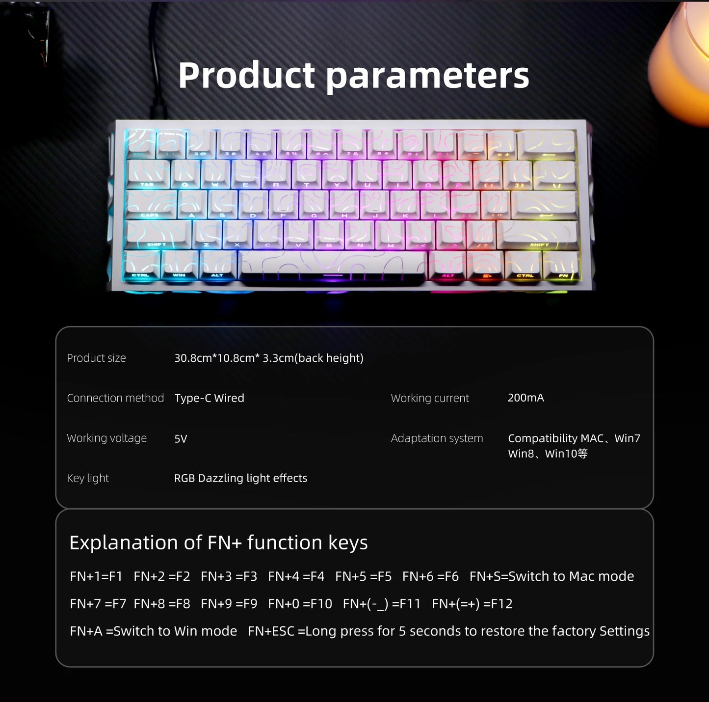 Kavlorn NJ61 White Wired Mechanical Keyboard, RGB Backlit, Full N-Key Rollover, for Gaming and Office Use