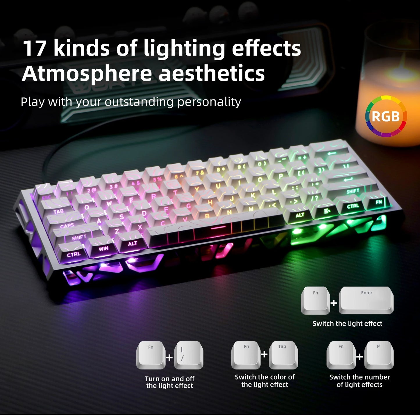 Kavlorn NJ61 White Wired Mechanical Keyboard, RGB Backlit, Full N-Key Rollover, for Gaming and Office Use