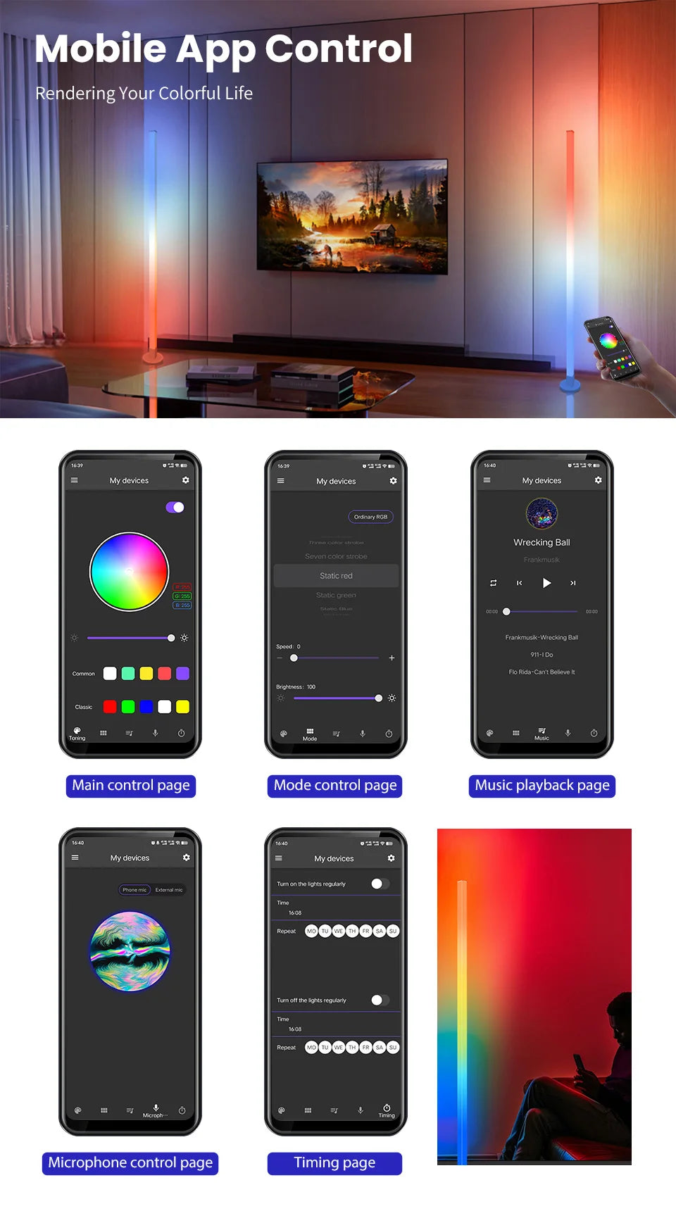 Smart RGB LED Floor Lamp Remote/Switch/APP Control USB Music Sync Corner Modern Mood Standing Light For Living Room Gaming Party