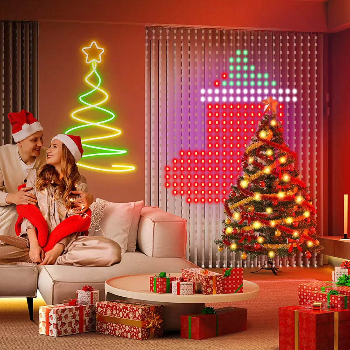 Smart RGB LED Curtain Light Music Synchronous DIY Text Animation Displays Christmas Party Decoration Interior Decor APP Control