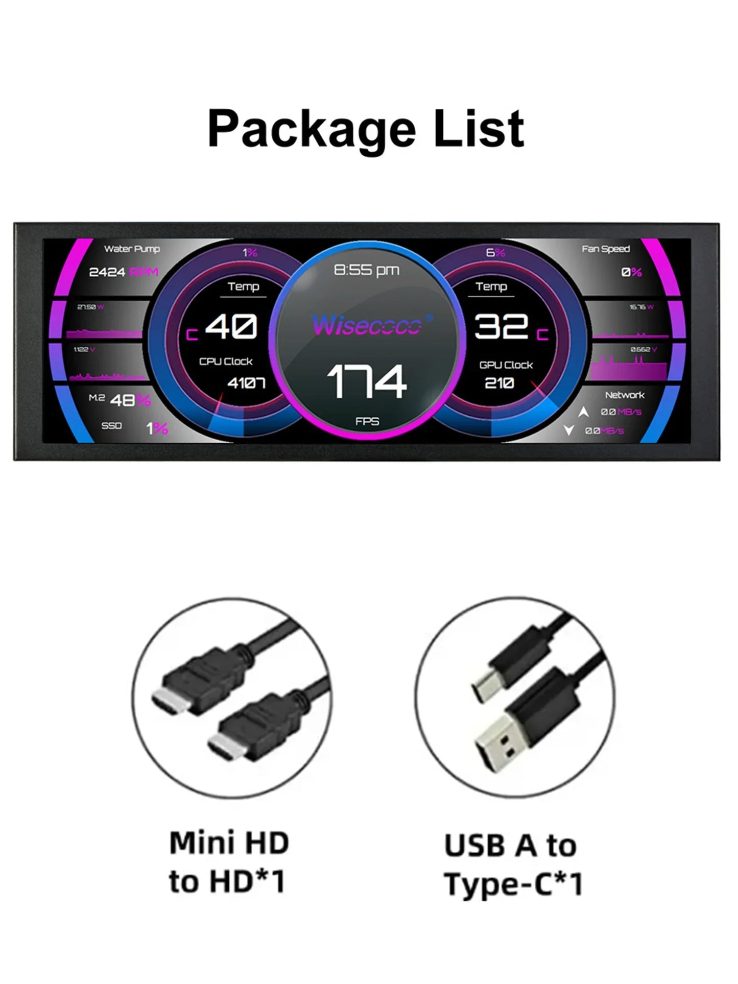 7.84 Inch HD Mini Monitor USB-C IPS Stretched Bar LCD Display for Computer Laptop Aida64 CPU GPU Monitoring Secondary Screen
