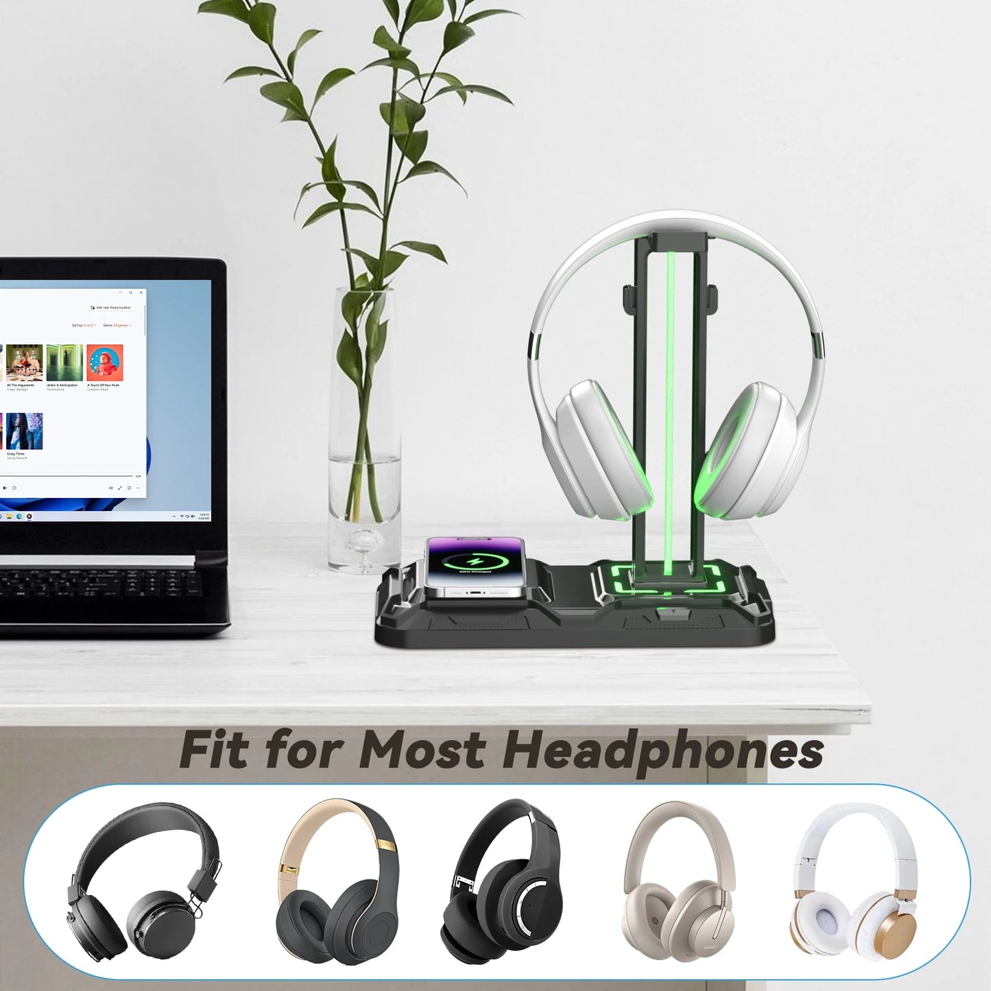 Headphone & Controller Stand with Wireless Charging Rotatable Headset Stand with 9 Light Modes Controller Holder with EU plug