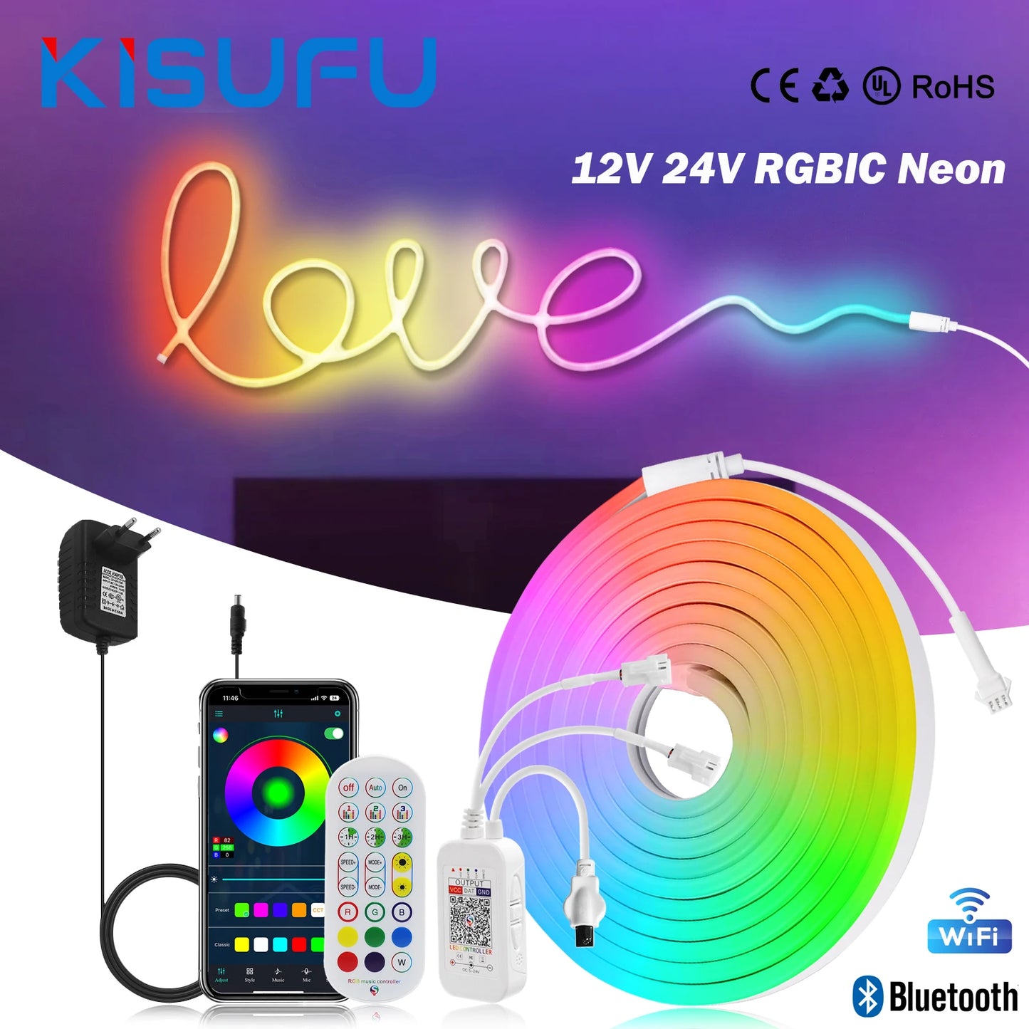 TUYA WIFI RGBIC LED Neon Strip Lights with Bluetooth App Control Waterproof Music Sync Christmas Party Home Room Decor 1M-20M