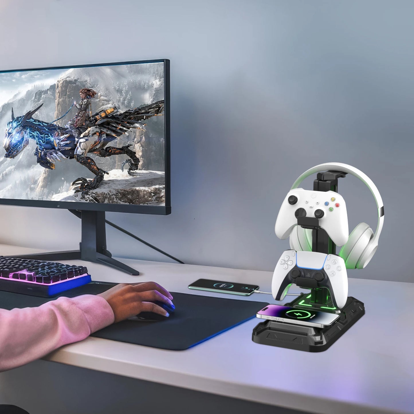 Headphone & Controller Stand with Wireless Charging Rotatable Headset Stand with 9 Light Modes Controller Holder with EU plug