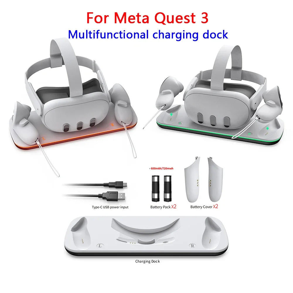 For Oculus Quest 3 VR Headset Charging Dock Dual Controller Contact Charger Stand With LED Light For Meta Quest 3 Charge Station