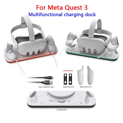 For Oculus Quest 3 VR Headset Charging Dock Dual Controller Contact Charger Stand With LED Light For Meta Quest 3 Charge Station