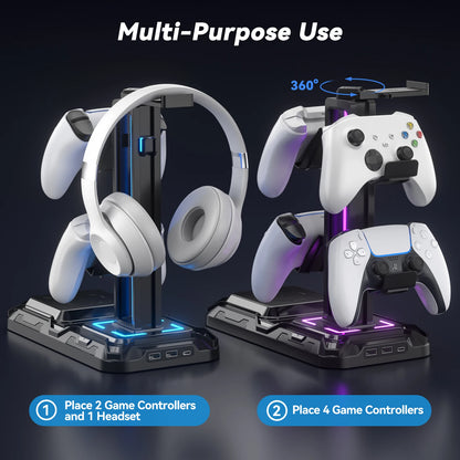 Headphone & Controller Stand with Wireless Charging Rotatable Headset Stand with 9 Light Modes Controller Holder with EU plug