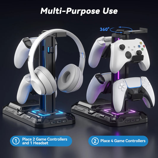 Headphone & Controller Stand with Wireless Charging Rotatable Headset Stand with 9 Light Modes Controller Holder with EU plug