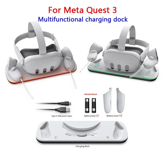 For Oculus Quest 3 VR Headset Charging Dock Dual Controller Contact Charger Stand With LED Light For Meta Quest 3 Charge Station