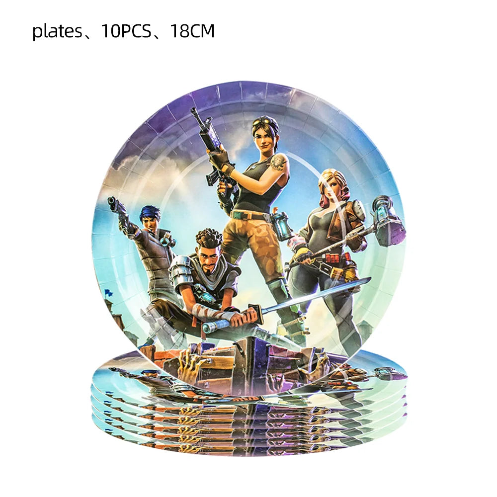 Hot Shooting Game Fortnition Birthday Decoration Disposable Tableware Plate Tablecloh Cup Baby Shower Boys Party Supplies and more