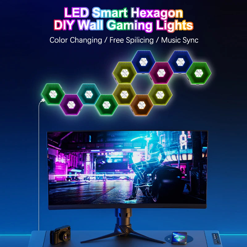 5V Led Esports Atmosphere Light Bluetooth Quantum Lamp Smart App RGB Remote Control Background Wall Bedroom DIY Decor Wall Lamp
