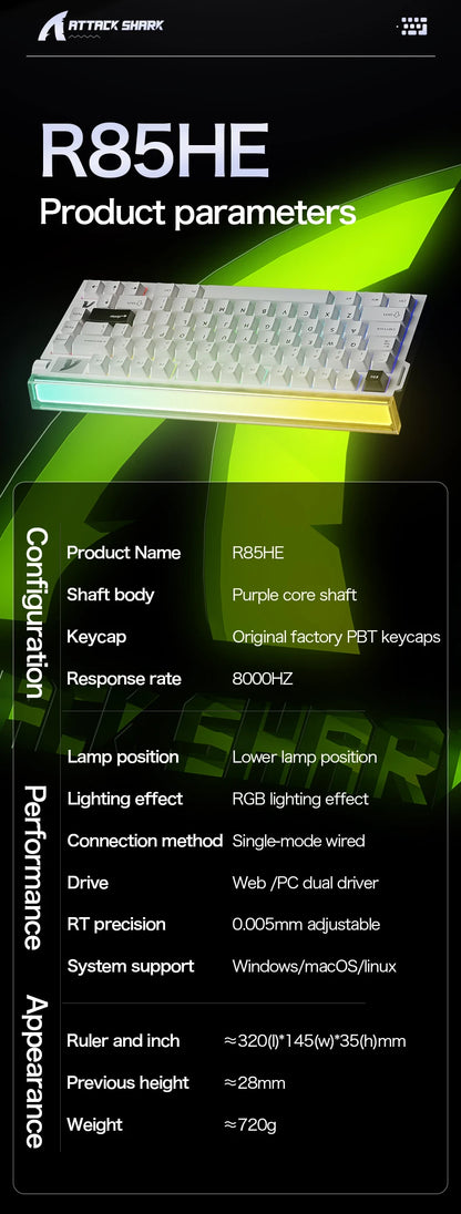ATTACK SHARK R85 HE Wired 8KHz Magnetic Keyboard,0.005mm RT Accuracy,Support RT/Snap Tap/DKS/MT/TGL,With Custom Lightbox